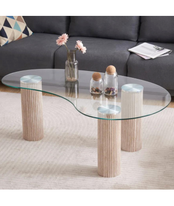 Table basse pylone verre transparent pieds beige plus qu'un jeu 